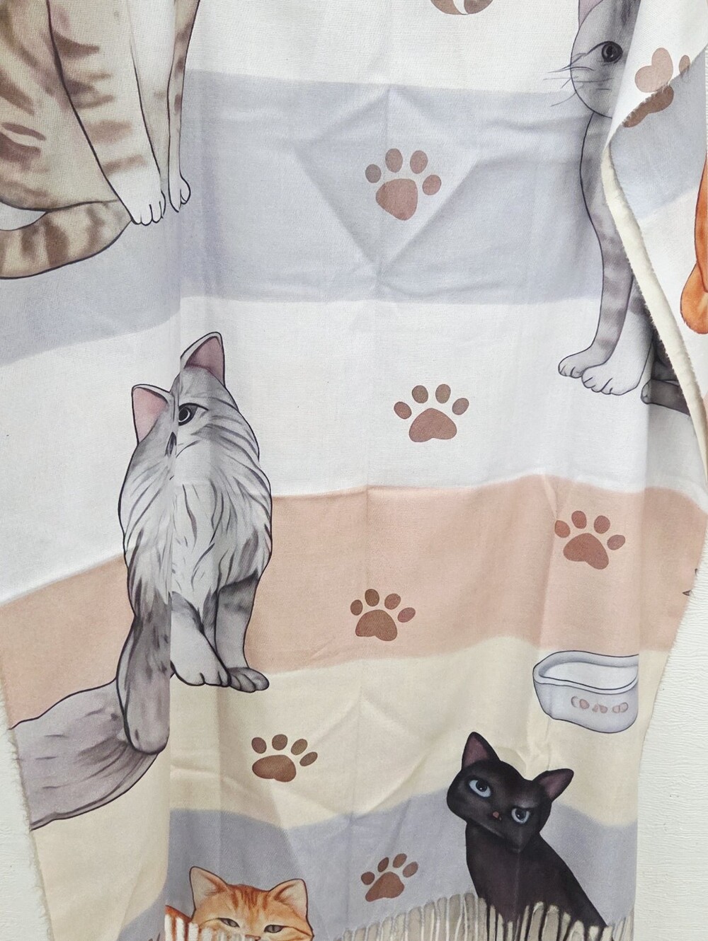 Cat Print Fringe Pet Blanket Scarf wrap - Pink and Cream - Picture 3 of 8